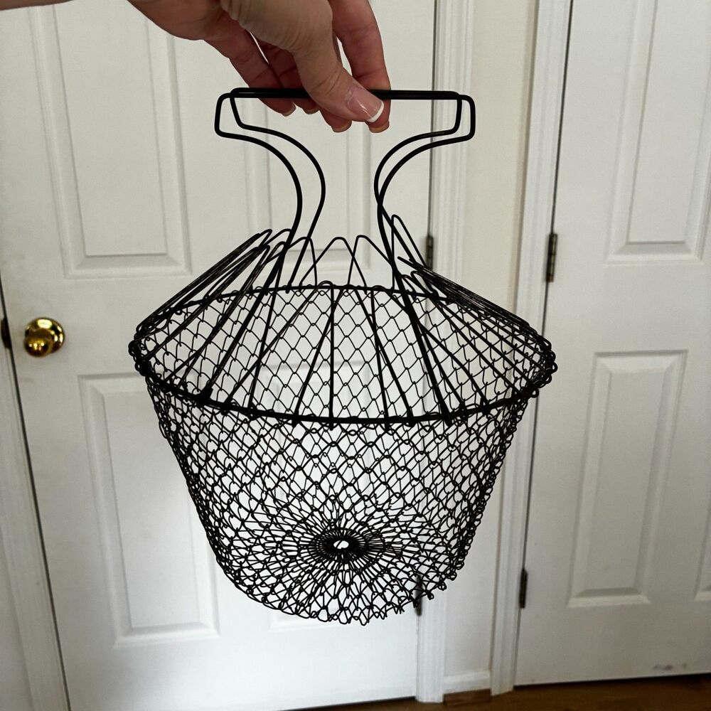 Vintage French Wire Egg Basket Collapsible Metal Mesh Farmhouse Garden Basket